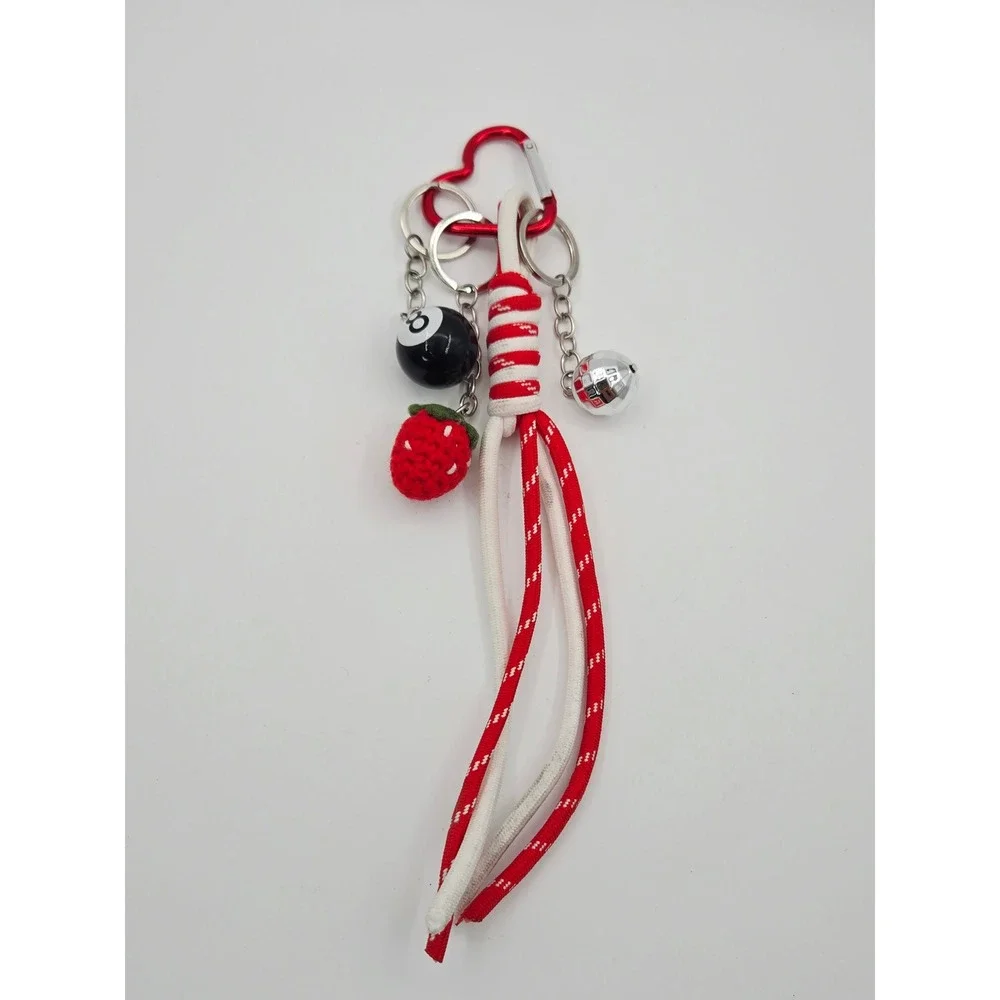 8 Ball Strawberry Disco Ball Heart Carabiner Bag Charm Keychain Red White